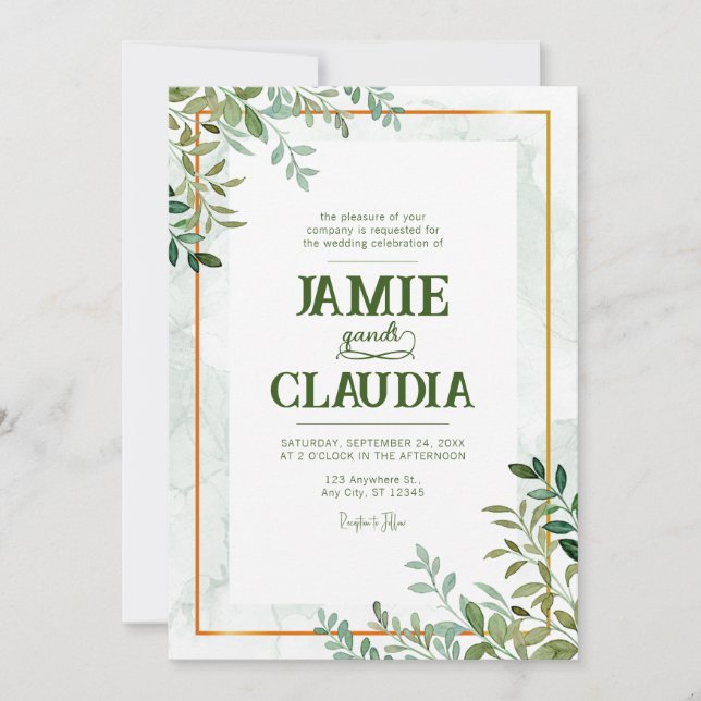 Watercolor greenery foliage leaves wedding invitation (Front)