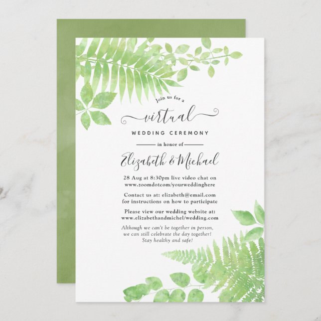 Watercolor Greenery Foliage Online Virtual Wedding Invitation (Front/Back)