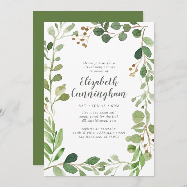 Watercolor Greenery Foliage Virtual Baby Shower Invitation (Front/Back)