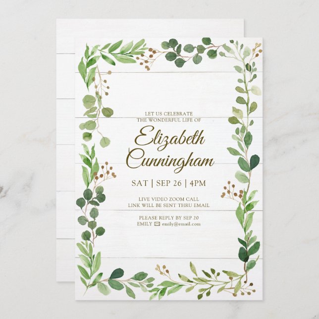 Watercolor Greenery Foliage Virtual Memorial Invitation (Front/Back)