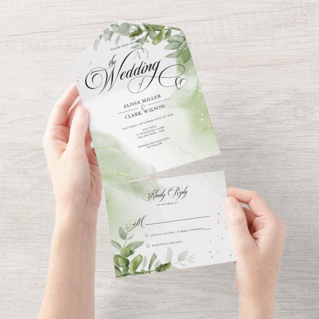 Watercolor Greenery Foliage Wedding All In One Invitation (Tearaway)