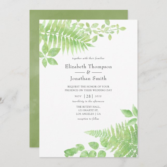 Watercolor Greenery Foliage Wedding Invitation (Front/Back)