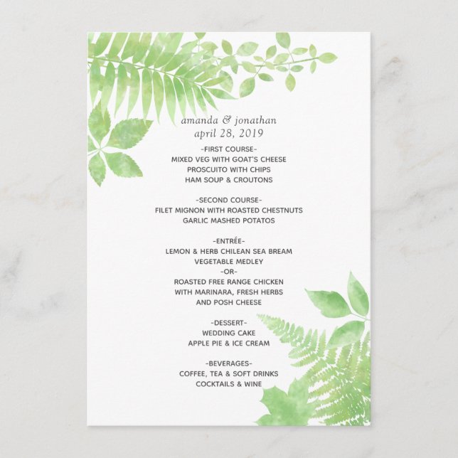 Watercolor Greenery Foliage Wedding Menu (Front)