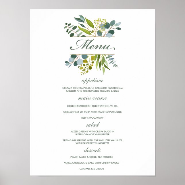 Watercolor greenery foliage Wedding Menu Sign (Front)