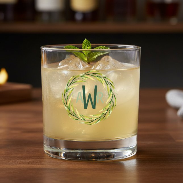 Watercolor Greenery Frame Monogram ID667 Whiskey Glass (Creator Uploaded)