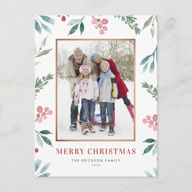 Watercolor Greenery Frame Photo Merry Christmas Holiday Postcard (Front)