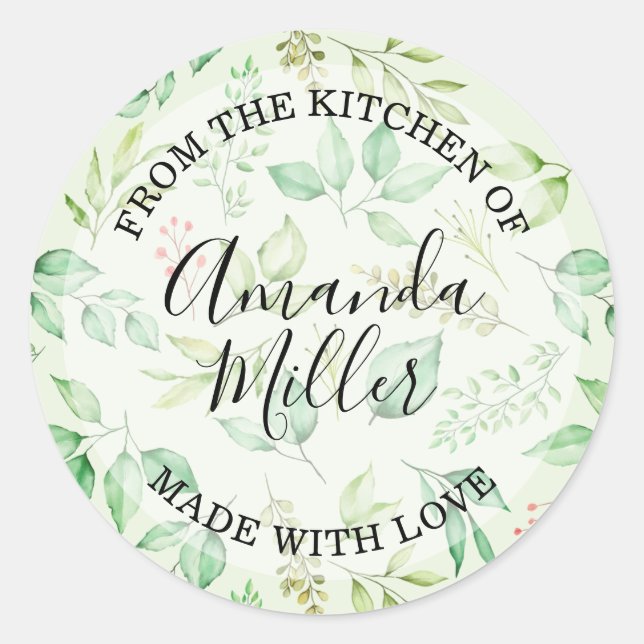 Watercolor Greenery FROM THE KITCHEN Classic Round Sticker (Front)