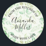 Watercolor Greenery FROM THE KITCHEN Classic Round Sticker<br><div class="desc">Elegant watercolor painting of green leaves, vines and pink berries on a pale green background, these stickers are ready to personalise for anything "FROM THE KITCHEN OF" and "MADE WITH LOVE" along with your name or any wording you choose. Use the Customise further link to add or delete text, align...</div>