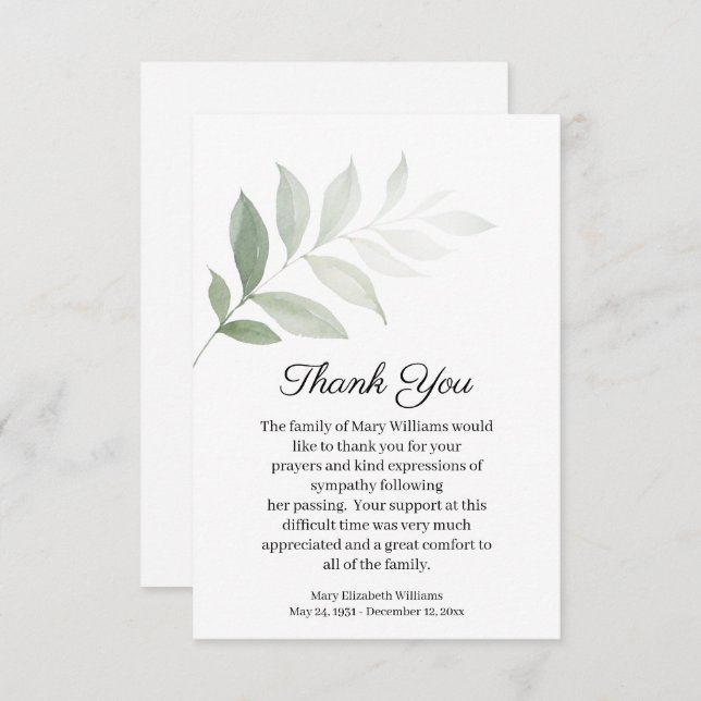 Watercolor Greenery Funeral Thank You Card (Front/Back)