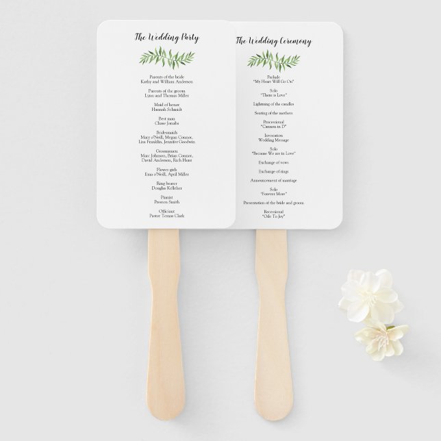 Watercolor Greenery Geen Leaves Wedding Program Hand Fan (Front and Back)
