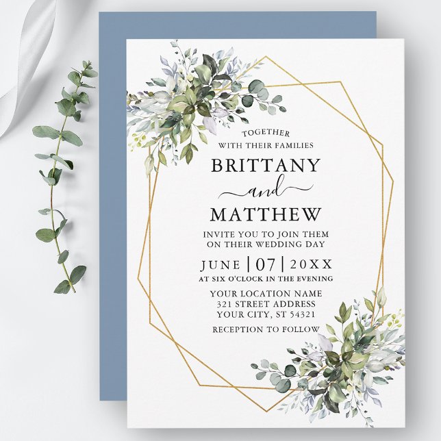 Watercolor Greenery Geo Frame Dusty Blue Wedding Invitation (Customize to change text color, style, add text & photos to back or change color of back of card.)