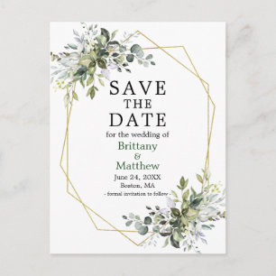 Watercolor Greenery Geo Frame Green Save The Date Postcard