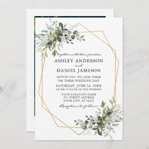 Watercolor Greenery Geo Frame Photo Back Wedding Invitation