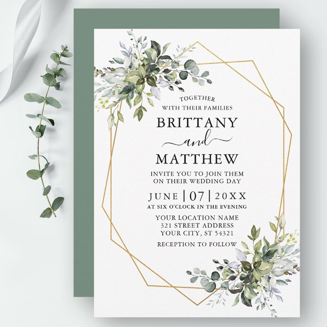 Watercolor Greenery Geo Frame Sage Green  Invitation (Customize to change text color, style, add text & photos to back or change color of back of card.)