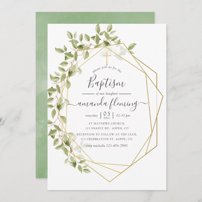 Watercolor Greenery Geometric Baptism Invitation (Front/Back)