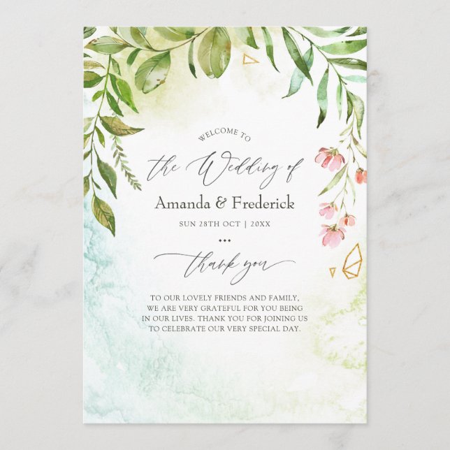Watercolor Greenery Geometric Crystal Wedding Programme (Front)