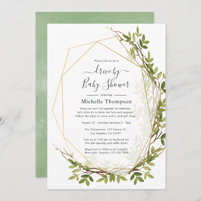 Watercolor Greenery Geometric Drive By Shower Invitation (Front/Back)