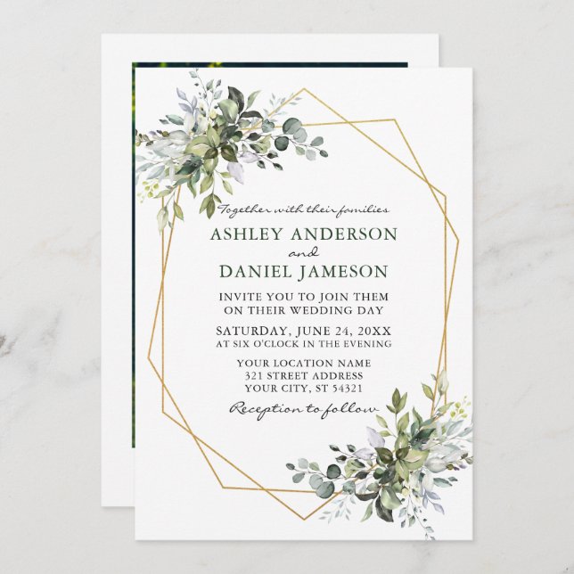 Watercolor Greenery Geometric Frame Photo Wedding Invitation (Front/Back)