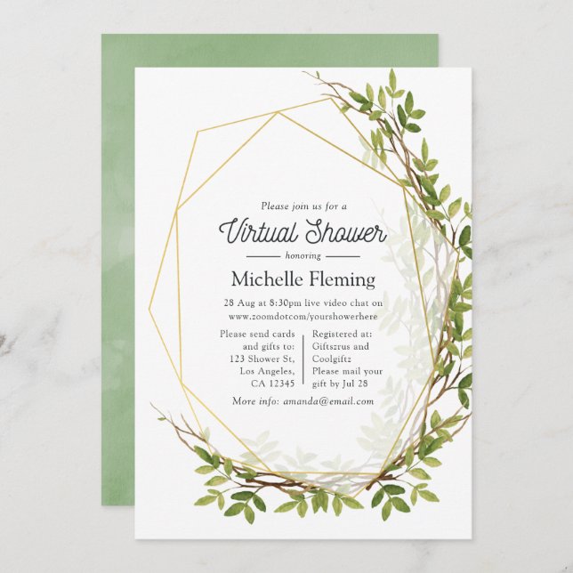 Watercolor Greenery Geometric Virtual Shower Invitation (Front/Back)