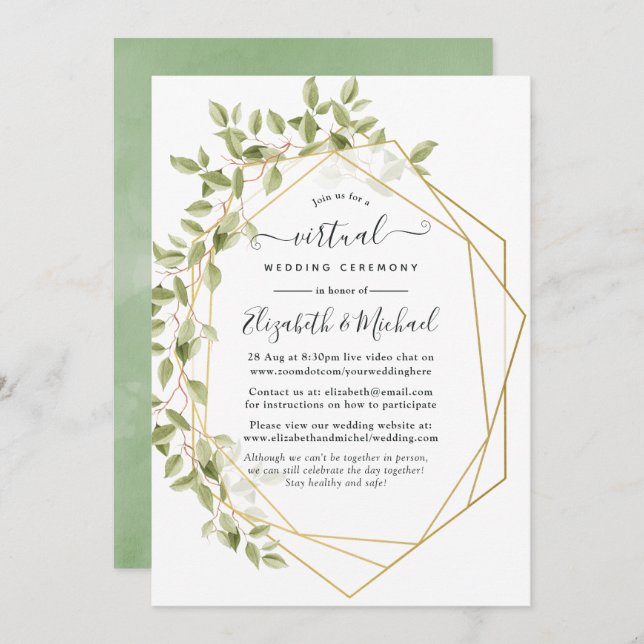 Watercolor Greenery Geometric Virtual Wedding Invitation (Front/Back)