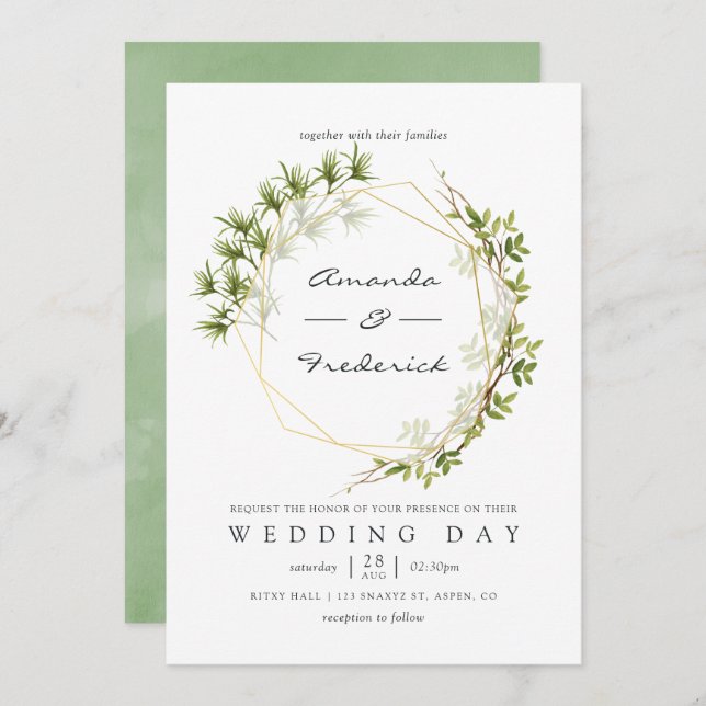 Watercolor Greenery Geometric Wedding Invitation (Front/Back)