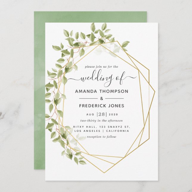 Watercolor Greenery Geometric Wedding Invitation (Front/Back)
