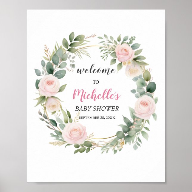 Watercolor Greenery girl baby shower welcome sign (Front)