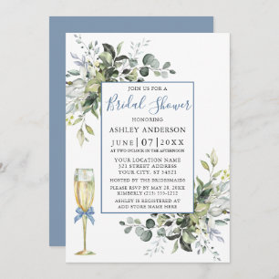 Watercolor Greenery Glass Shower Dusty Blue Invitation