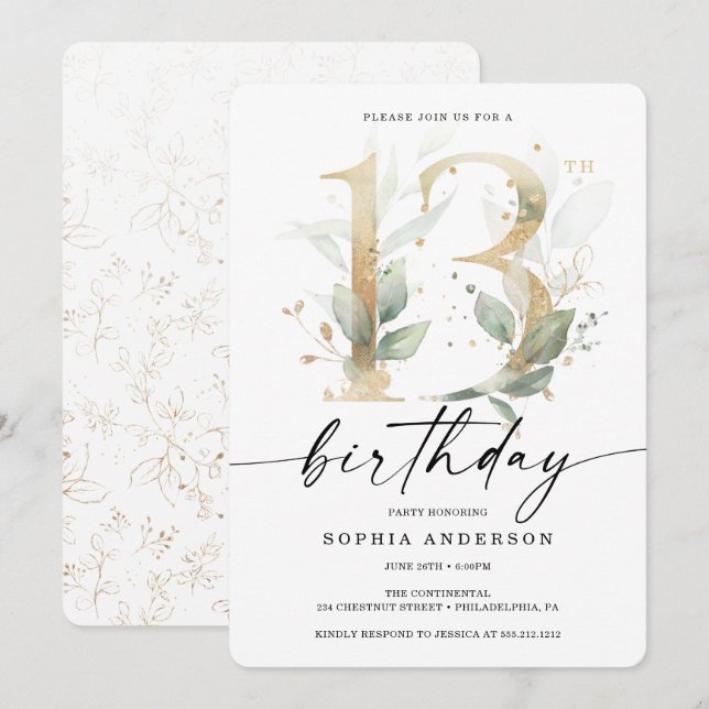 Watercolor Greenery Gold 13th Birthday Party Invitation (Front/Back)