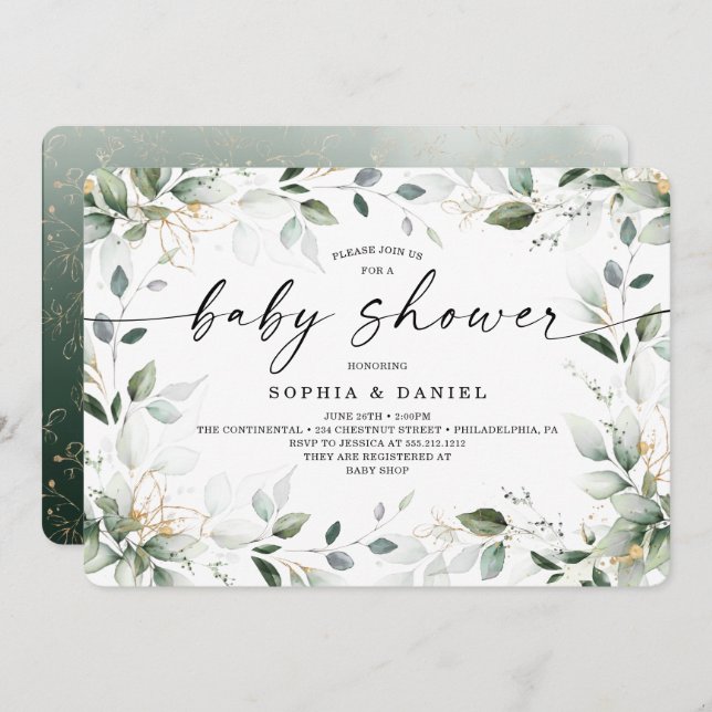 Watercolor Greenery Gold Baby Shower Invitation (Front/Back)