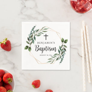 Watercolor Greenery Gold Baptism Napkins
