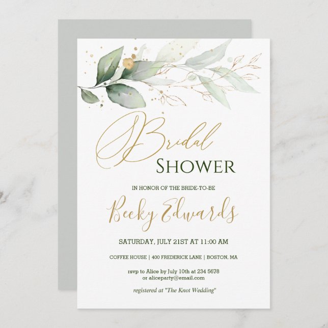 Watercolor Greenery/gold Bridal Shower Invitation (Front/Back)