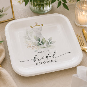 Watercolor Greenery Gold Bridal Shower Paper Plate
