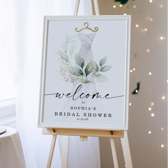 Watercolor Greenery Gold Bridal Shower Welcome Poster (Creator Uploaded)