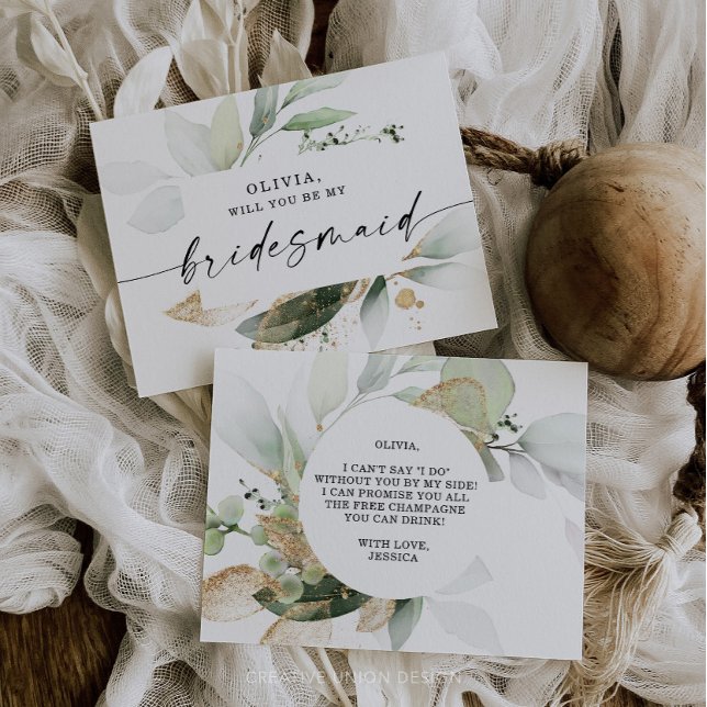Watercolor Greenery Gold Bridesmaid Proposal Card (Creator Uploaded)