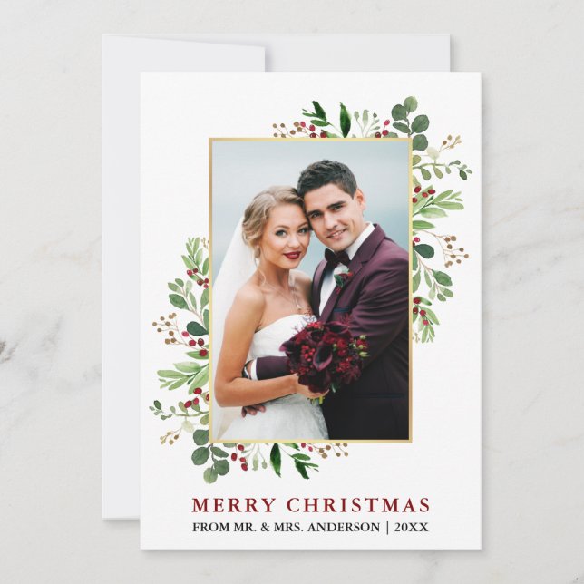 Watercolor Greenery Gold Christmas Newlywed Holiday Card (Front)