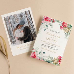 Watercolor Greenery Gold Christmas Wedding Photo Invitation