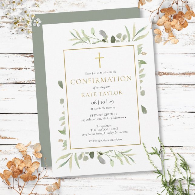 Watercolor Greenery Gold Confirmation Invitation (Watercolor Greenery Gold Confirmation Invitation)