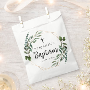 Watercolor Greenery Gold Cross Baptism Favour Bags