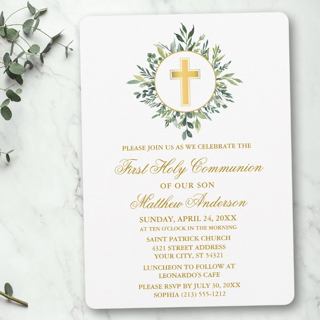 Watercolor Greenery Gold Cross First Communion Invitation (Customize to change text color, size, style or to add photos or more text to back of card.)