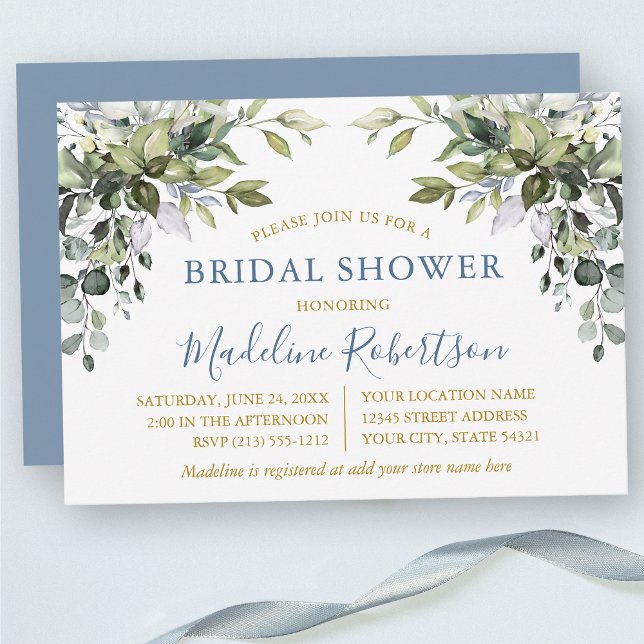 Watercolor Greenery Gold Dusty Blue Bridal Shower Invitation (Customize to change text color, text style or color of back of card.)