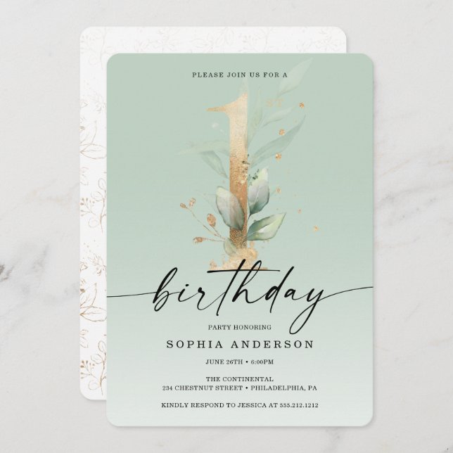 Watercolor Greenery Gold First Birthday 1st Invitation (Front/Back)
