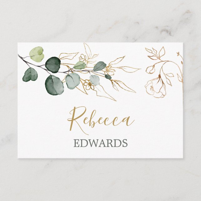 Watercolor greenery, gold floral Place card (Front)
