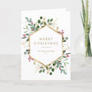 Watercolor Greenery Gold Foil Merry Christmas Holiday Card