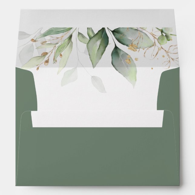 Watercolor Greenery Gold Foliage Eucalyptus Envelope (Back (Bottom))