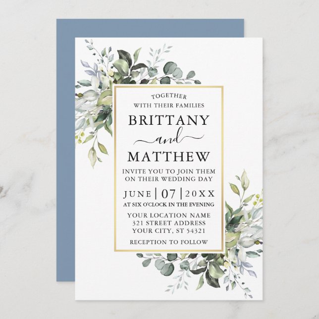 Watercolor Greenery Gold Frame Dusty Blue Wedding Invitation (Front/Back)