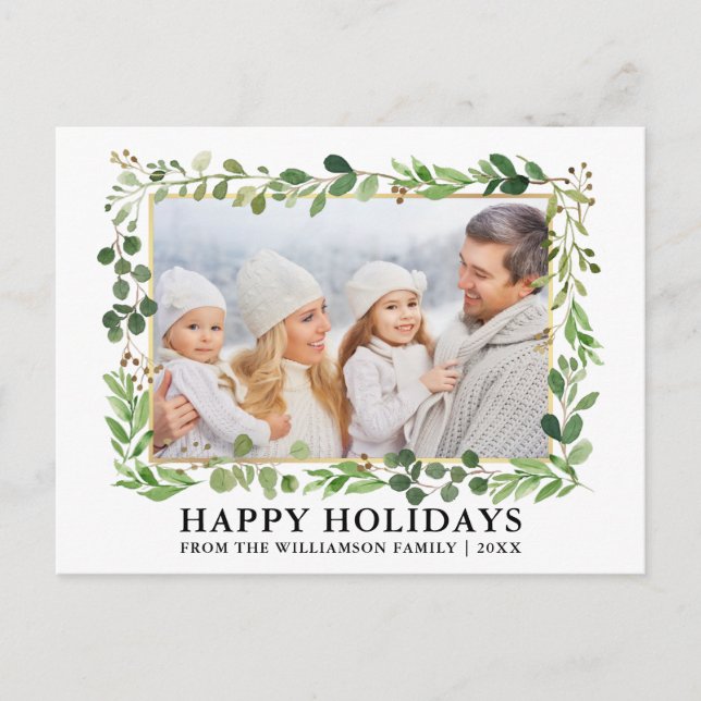Watercolor Greenery Gold Frame Happy Holidays Postcard (Front)