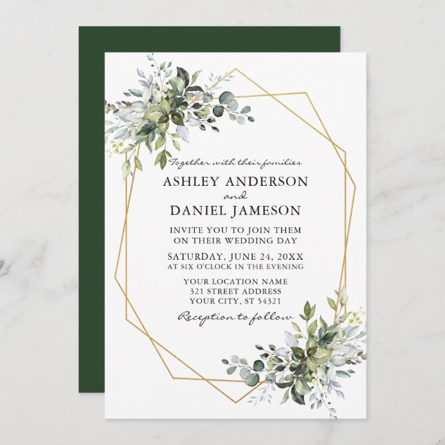 Watercolor Greenery Gold Geometric Frame Wedding Invitation (Front/Back)