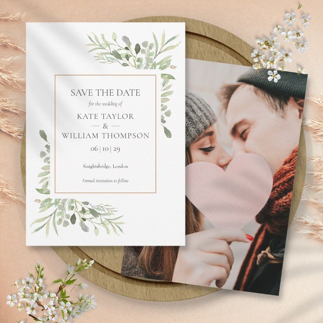 Watercolor Greenery Gold Geometric Photo Wedding Save The Date (Watercolor Greenery Gold Geometric Photo Wedding Save The Date)