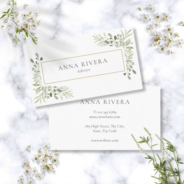 Watercolor Greenery Gold Geometric Professional Business Card (Watercolor Greenery Gold Geometric Professional Business Card)